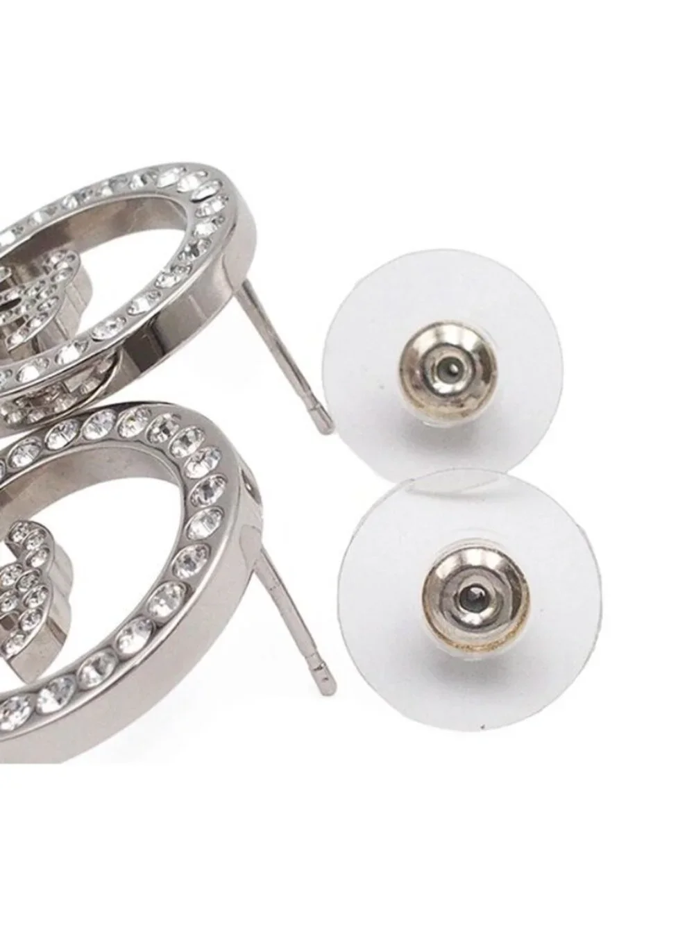 Chanel Earrings Silver Metal Rhinestone CC Logo